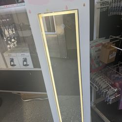 Kids Jewelry Armoire Cabinet with LED Lights, Lockable Standing Jewelry Organizer with Full-Length Mirror, Rack & Storage Shelves, Children Dress Up J