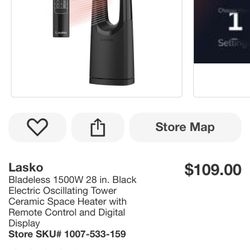 Lasko Bladeless 1500W 28 in. Black Electric Oscillating Tower Ceramic Space Heater with Remote Control and Digital Display