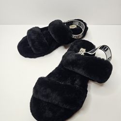 UGG Womens Fuzzy Slide Sandals Size 7 Black Gently Used 
