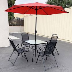 (NEW) $135 Outdoor 6pcs Patio Set with 32x32” Table, 4pc Folding Chairs and 10ft Tilt Umbrella 