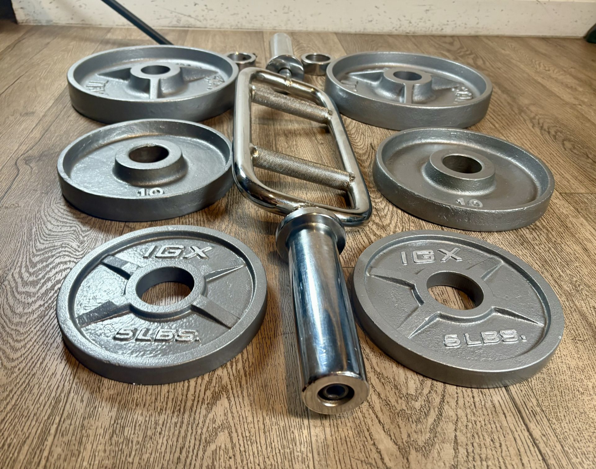 Triceps Bar With IVANKO Vintage Cast Iron Weight Plates  25s And 10s [ I’ll Throw In Pair Of 5s Diff/brand]