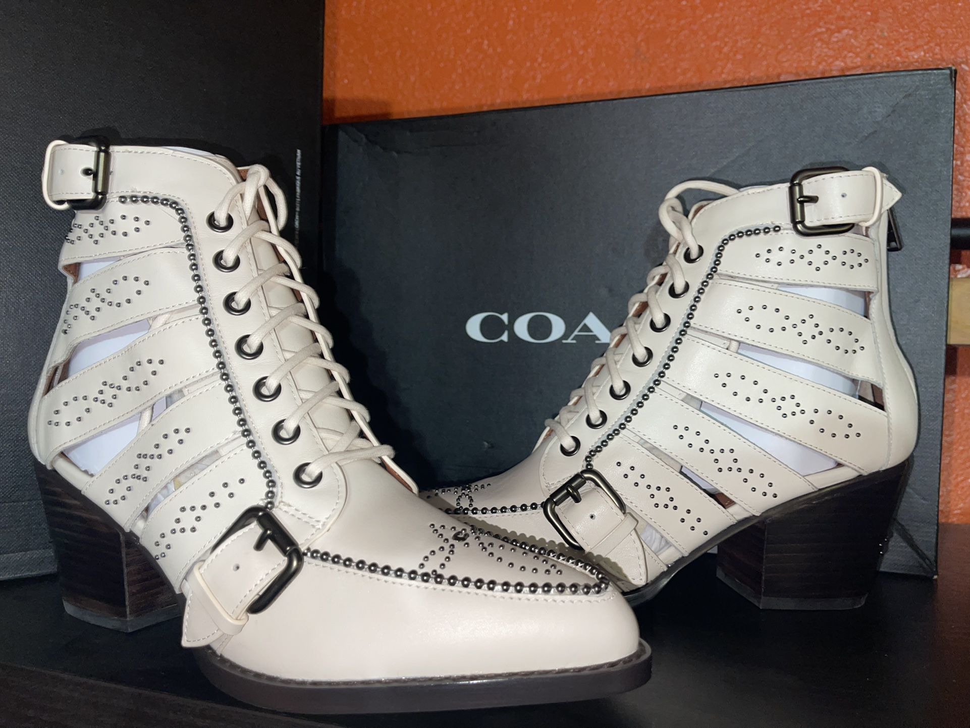 Coach BNIAuthentic COACH PAISLEY Chalk Leather w/ Silver Studs Women's Boots