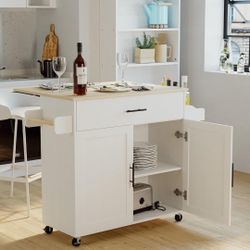 Rolling Kitchen Island Table on Wheels with Drop Leaf and Towel Rack