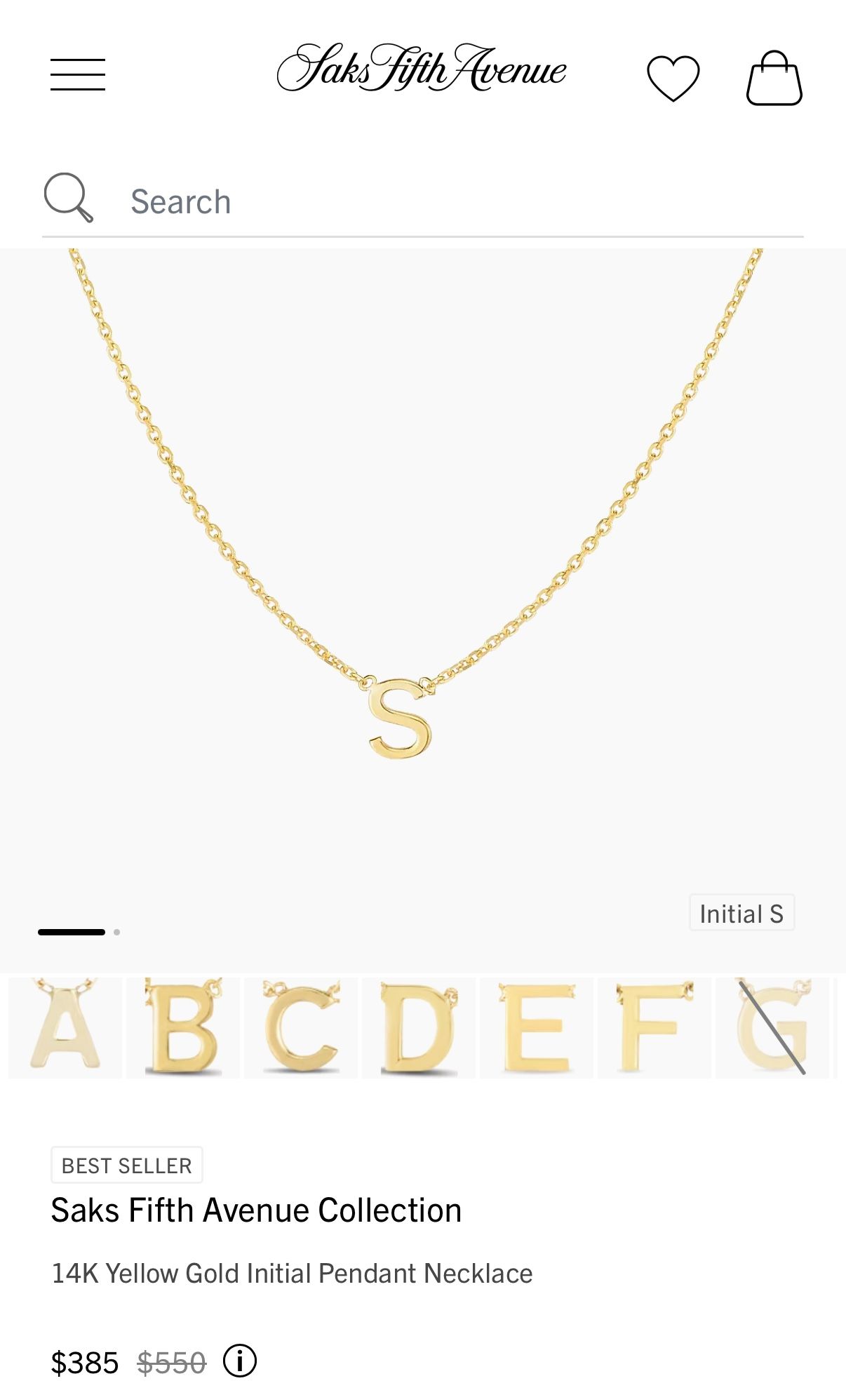 Saks Fifth Ave 14k Yellow Gold “S” Initial Necklace