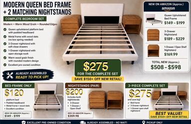 Queen bed frame & 2 nightstands