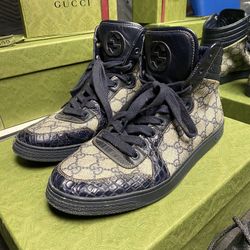 Navy/Beige Gucci Crocodile GG Canvas High Tops - Size 8