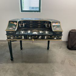 Antique Oriental Black Lacquer Desk with Mother of pearl designs of geisha women,children & Birds 