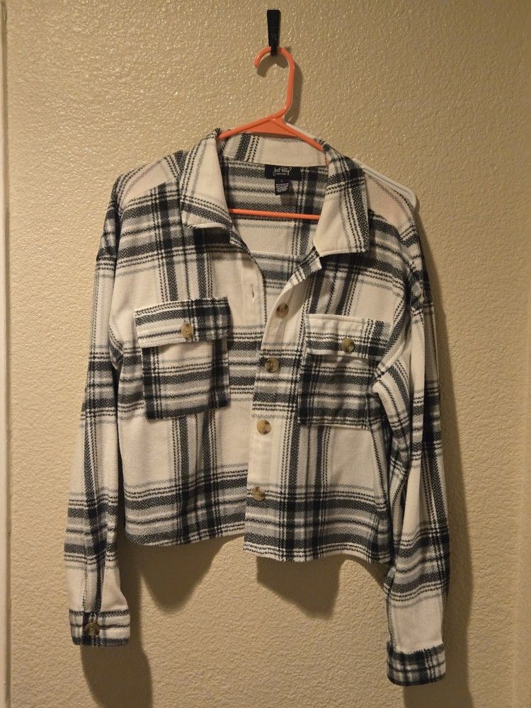 Flannel Plaid Shirt Jacket, Black & White, Size Large
