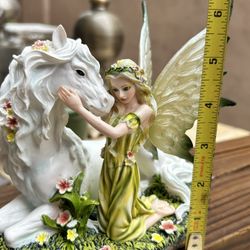 Fairy Kneeling with Unicorn in Grass Statue 7"W Fantasy Figurine Room Decor