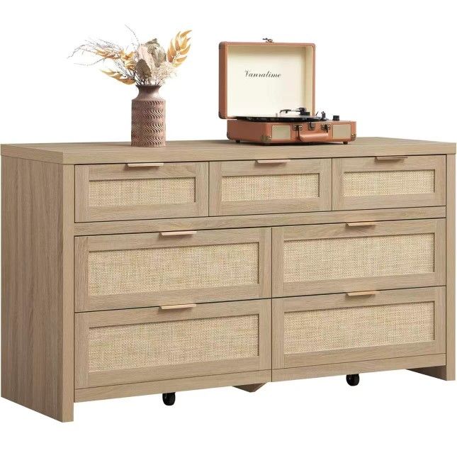 New assembled 7 Drawer Dresser for Bedroom, 57" Wide Rattan Dressers, Large Chest of Drawers for Bedroom, Dresser TV Stand, Boho Closet Organizer (Rec