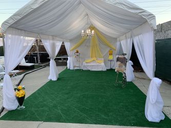 Tables chairs canopy draping