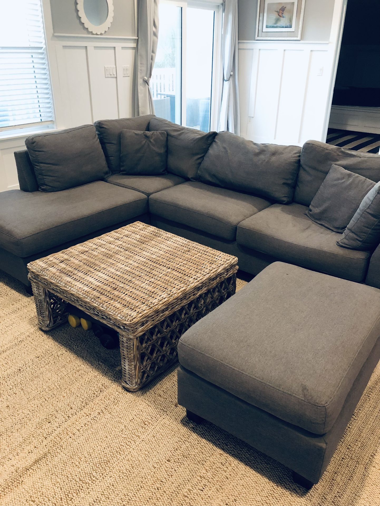 Gray Sectional Sofa + Wicker Coffee Table – $300 (Great Deal!)