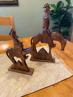 Don Quixote wooden carved sculptures: riding Mule & horse. Mexico. Vintage. Set of 2 . Southwest.