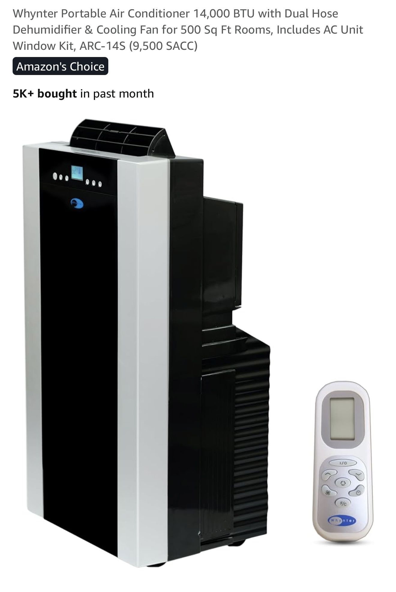 Whynter Portable Air Conditioner 14,000 BTU with Dual Hose Dehumidifier & Cooling Fan