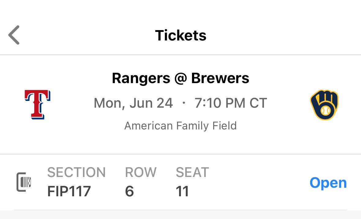 Rangers @brewers Monday June 24th 7pm. 1 Ticket