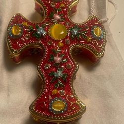 YU FENG Cross Figurine Decor Ornament Crystal Bejeweled Cross Trinket Jewelry Holder Boxes Hinged Collectible