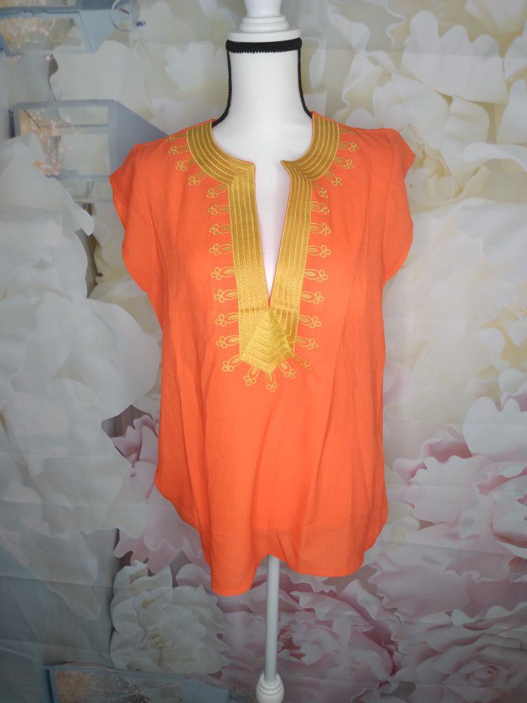 NWOT Orange Gold Embroidered Boho Chic Blouse Size S