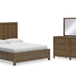 Cabalynn King Panel Bed with Storage with Mirrored Dresser