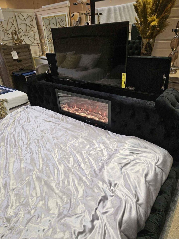 Platform BED in velvet w/fireplace/Bluetooth speakers/tv stand for Sale ...