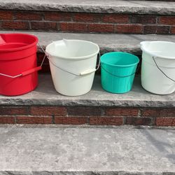 4 Preowned Clean Plastic Buckets Spouts Metal Handles Rubbermaid, The Harwood Co. etc.