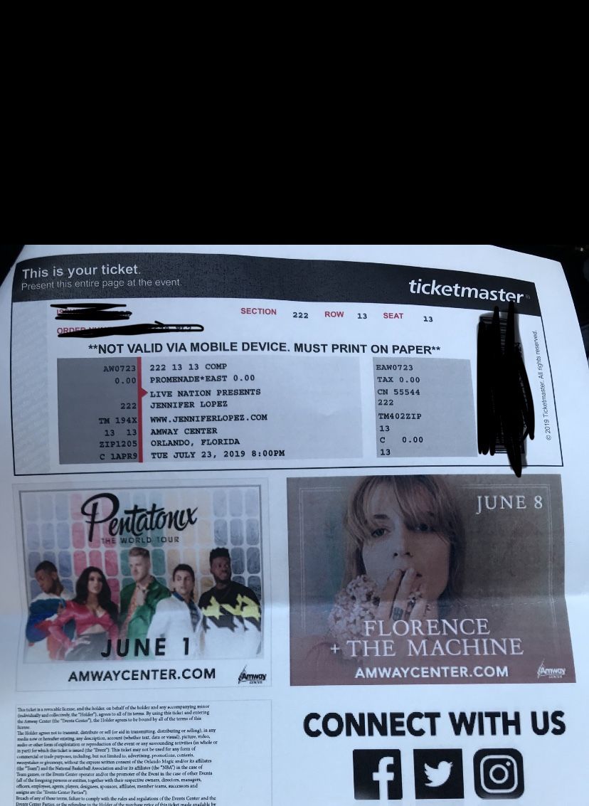 Jennifer Lopez Tickets Amy Center $140 for two