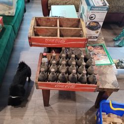 Old Crate Of Cokes. 2 Wooden Coke Crates + Antique Full Bottles