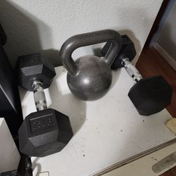 35lb Kettlebell And Pair Of 25lb Dumbells