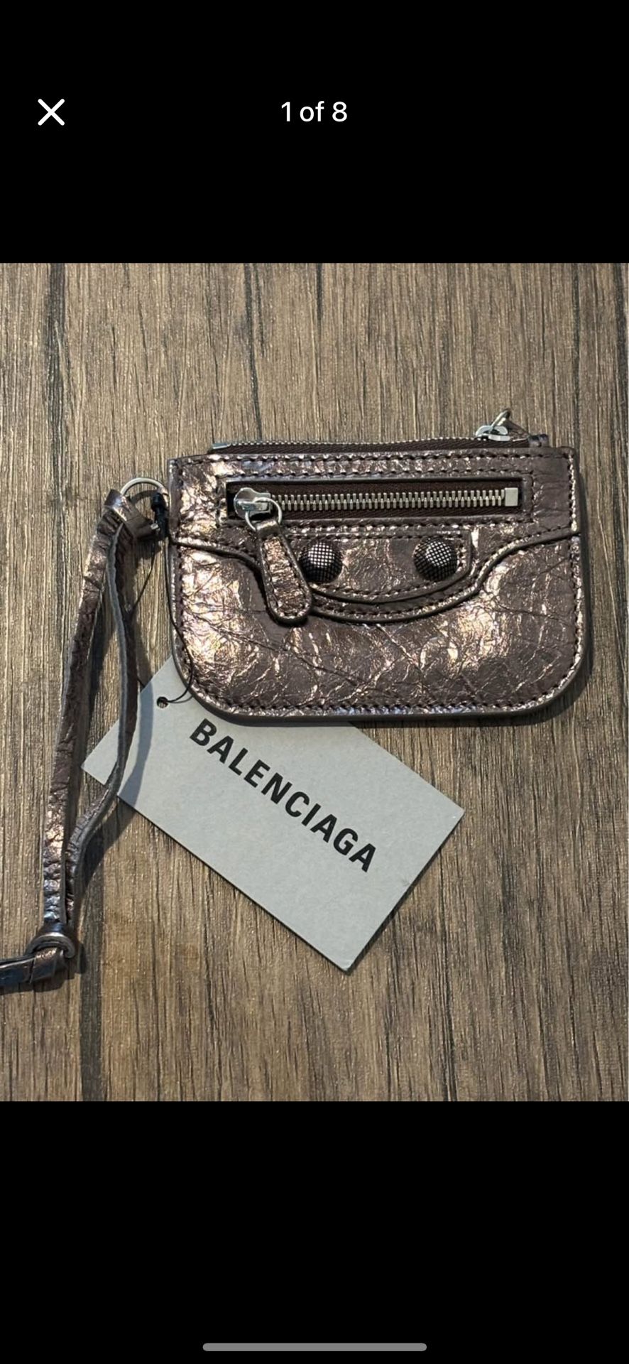 Balenciaga Metallic Silver Crinkle Leather Wristlet Card Holder NEW