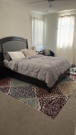Bob’s furniture Queen size bed, with mattress, and 2 side tables
