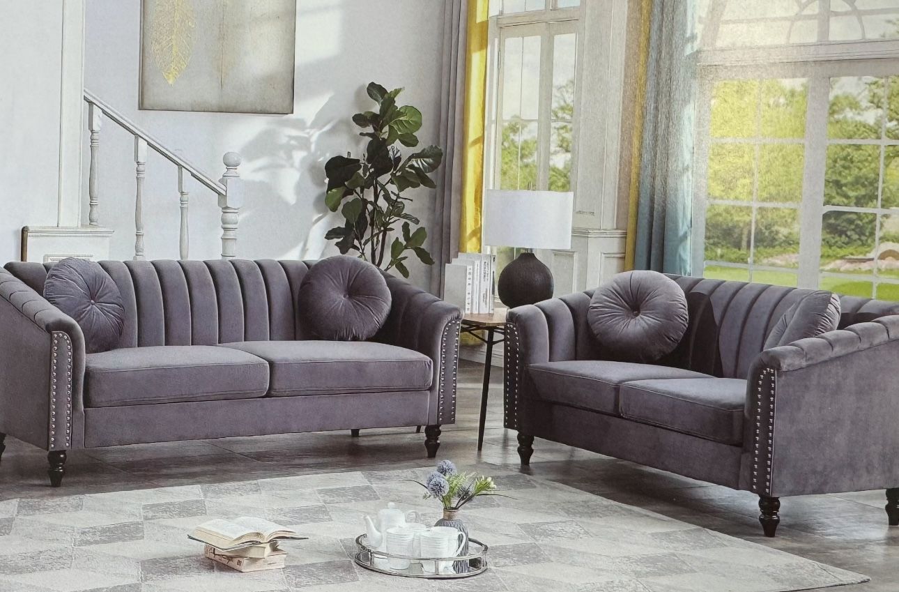 Modern Style Gray Microfiber Two piece Couch Set