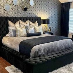 Paris Black Velvet Queen Size Storage Platform Bed. Brand New . MATTRESS IS NOT INCLUDED .