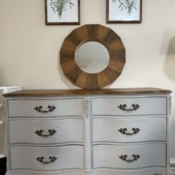 Vintage French Provincial Dresser + Round Mirror 