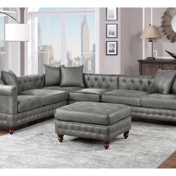 Gray Leatherette Sectional Sofa With Ottoman 