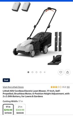 Litheli 40V Cordless Electric Lawn Mower 17-Inch Self-Propelled Brushless Motor 6-Position Height Adjustment with 2 x 5.0Ah Battery for Lawns &