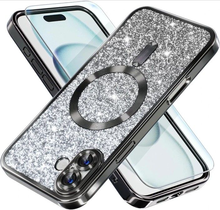 Misea iPhone 16 Plus Case MagSafe Glitter Black Military Grade Drop Protection