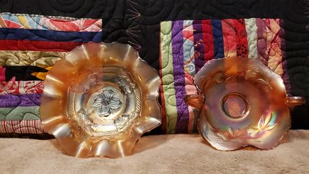 VINTAGE ELEGANT AMBER RUFFLED EDGED CARNIVAL GLASS CANDY DISHES