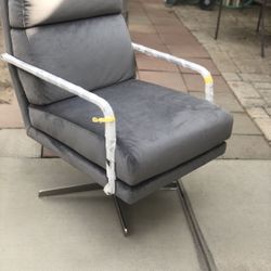 Brand New Mid Century Style Grey Velvet Swivel Chair, Retails For Over $700