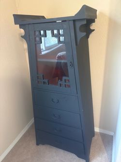 Asian-Style Dark Gray Wood Cabinet with Mirror