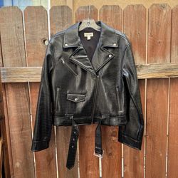 Open Edit Croc-Embossed Faux Leather Moto Jacket — Black, Small