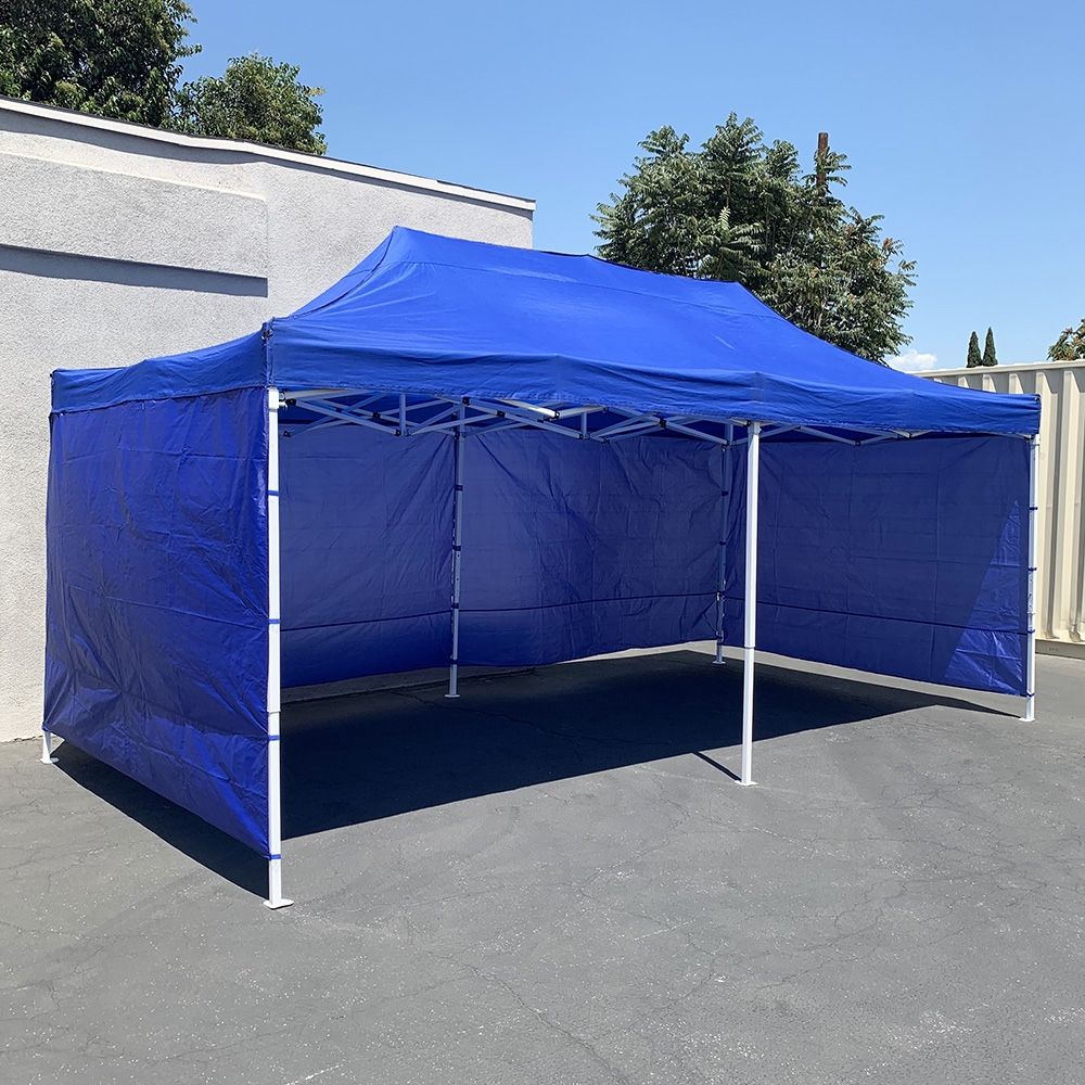 New $225 Heavy Duty 10x20 FT Canopy (with 4 Sidewalls) Ez Pop Up Outdoor Party Tent w/ Carry Bag (White/Blue) 
