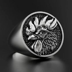 Men's 3D Engraved Rooster Domineering Silver Signet Ring - Size 8