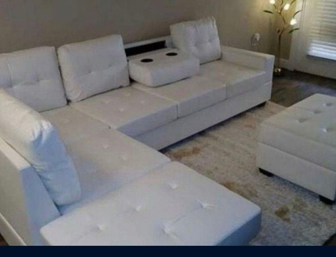 White Faux Leather Reversible Sectional With Storage Ottoman Set / In Stock