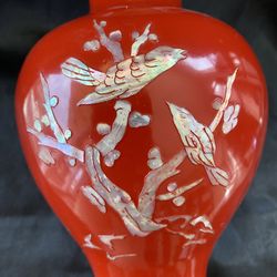 Brass Vase with Red Lacquer and MOP Inlay