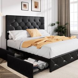 Upholstered Queen Size Platform Bed Frame with 4 Storage Drawers and Headboard, Diamond Stitched Button Tufted, Mattress Foundation with Wooden Slats 