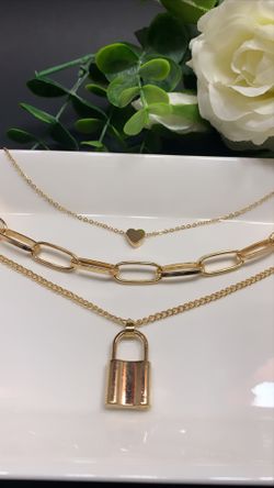 18K Gold Plated Heart Necklace Triple Layer Lover Lock Pendant, Gold Color
