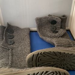 UGG Classic Australia Cardy knit boot in gray, featuring a wool and acrylic blend knit upper, suede heel, wood buttons, and an Ugg pure wool insole. S