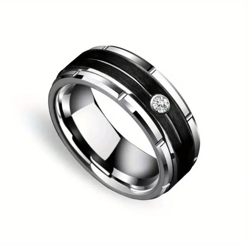 Men's 8mm Tungsten Black Two Tone Brushed Cubic Zirconia Comfort-Fit Wedding Band