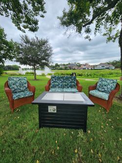 Luxury 4-Piece Wicker Patio Conversation Set w/ Cuisinart Fire Pit Table