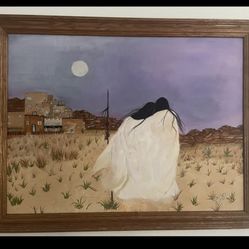 Southwest Native American Couple and Pueblo depicted on Canvas; oil painting. 28 x 22 framed.