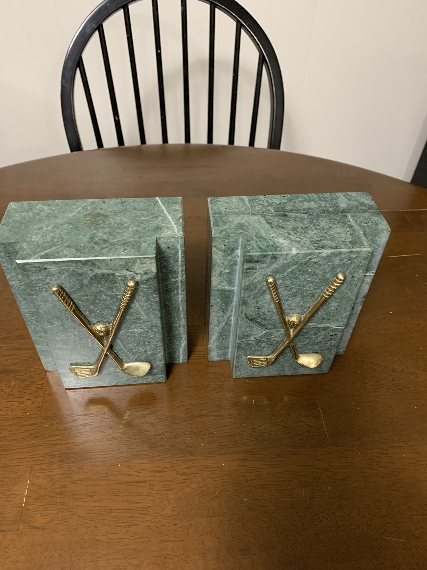 Solid Vintage Marble Book Ends With Brass Golf Clubs & Balls